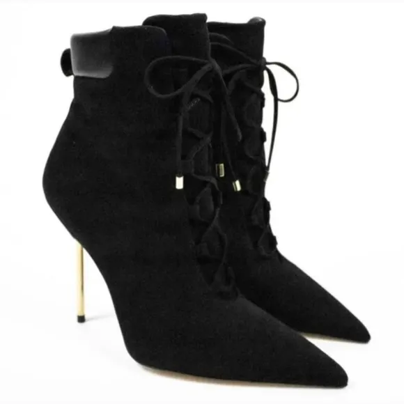 Good American Scandal Lace Up Stilleto Booties Stone BNWB Womens Size 9 Blk/Gold