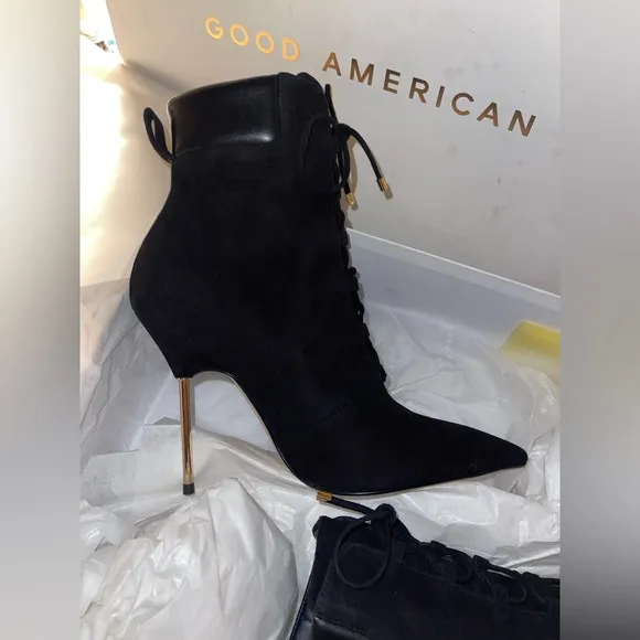 Good American Scandal Lace Up Stilleto Booties Stone BNWB Womens Size 9 Blk/Gold