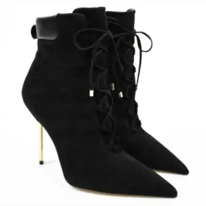 Good American Scandal Lace Up Stilleto Booties Stone BNWB Womens Size 9 Blk/Gold