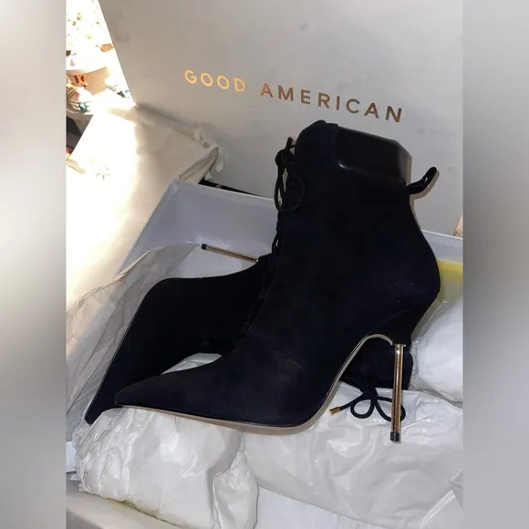 Good American Scandal Lace Up Stilleto Booties Stone BNWB Womens Size 9 Blk/Gold