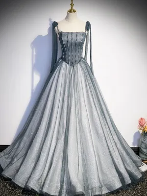 Gray Long Prom Dresses, Gray Formal Evening Dress with Beading