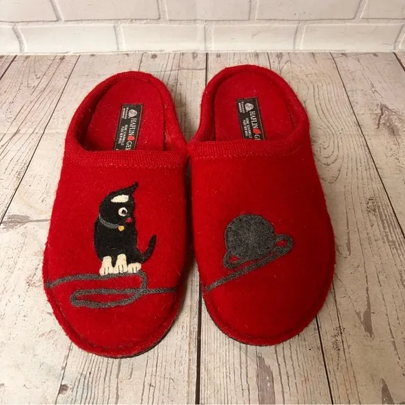 HAFLINGER Cat Mouse Red Wool Felt Slippers Shoes Germany Women Sz 41 / 10