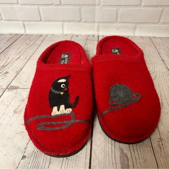 HAFLINGER Cat Mouse Red Wool Felt Slippers Shoes Germany Women Sz 41 / 10