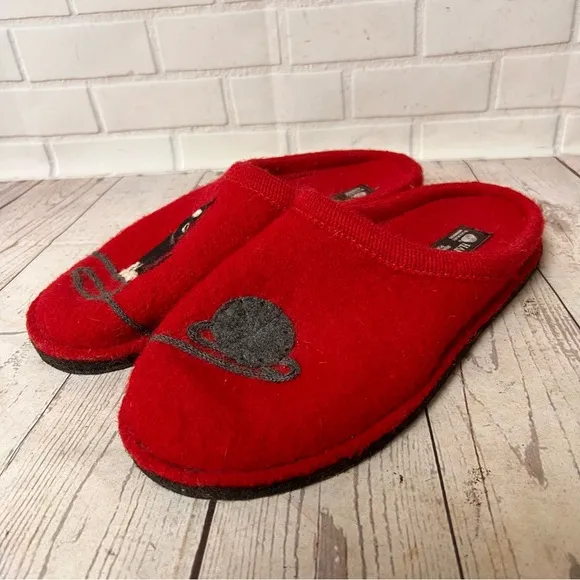 HAFLINGER Cat Mouse Red Wool Felt Slippers Shoes Germany Women Sz 41 / 10
