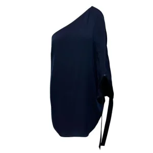 Halston Heritage One Shoulder Dress in Navy Blue Polyester