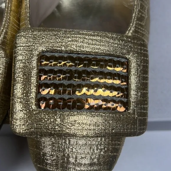 Herbert Levine Vintage Gold Lame Metalic Sequin Buckle 60s Low High Heels Shoes
