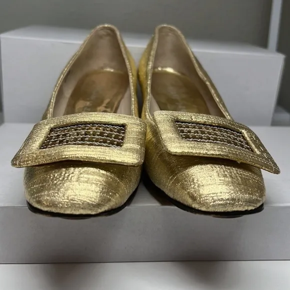 Herbert Levine Vintage Gold Lame Metalic Sequin Buckle 60s Low High Heels Shoes