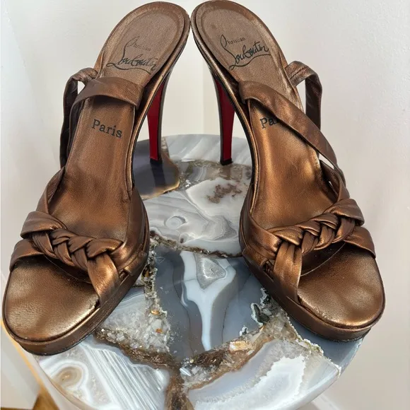 Hi Tina Christian Louboutin Women's Bronze Leather Tie Up Heels
