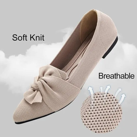 Hiulycence Flat Shoes Women Cream Knit Pointed Toe Ballet Comfortable Shoes