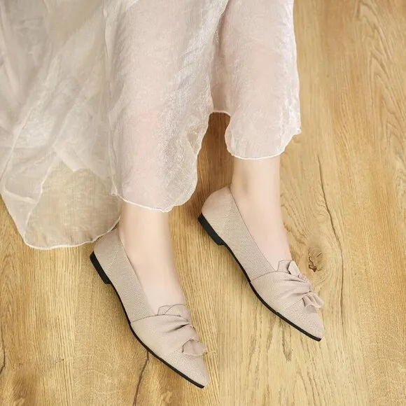 Hiulycence Flat Shoes Women Cream Knit Pointed Toe Ballet Comfortable Shoes