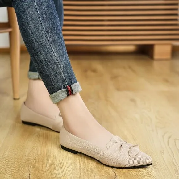 Hiulycence Flat Shoes Women Cream Knit Pointed Toe Ballet Comfortable Shoes