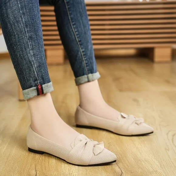 Hiulycence Flat Shoes Women Cream Knit Pointed Toe Ballet Comfortable Shoes