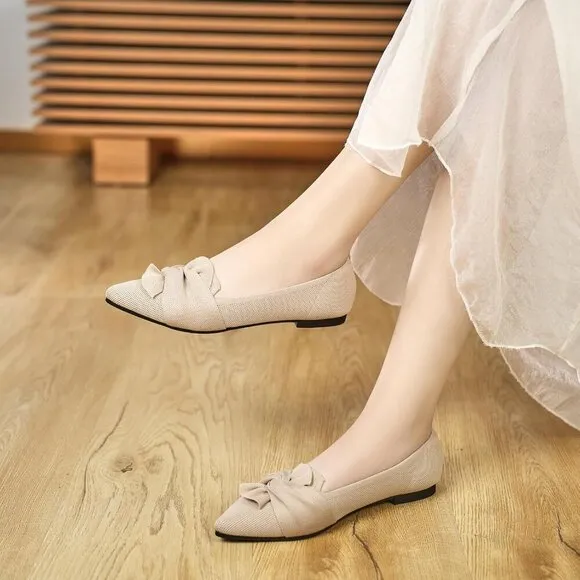 Hiulycence Flat Shoes Women Cream Knit Pointed Toe Ballet Comfortable Shoes