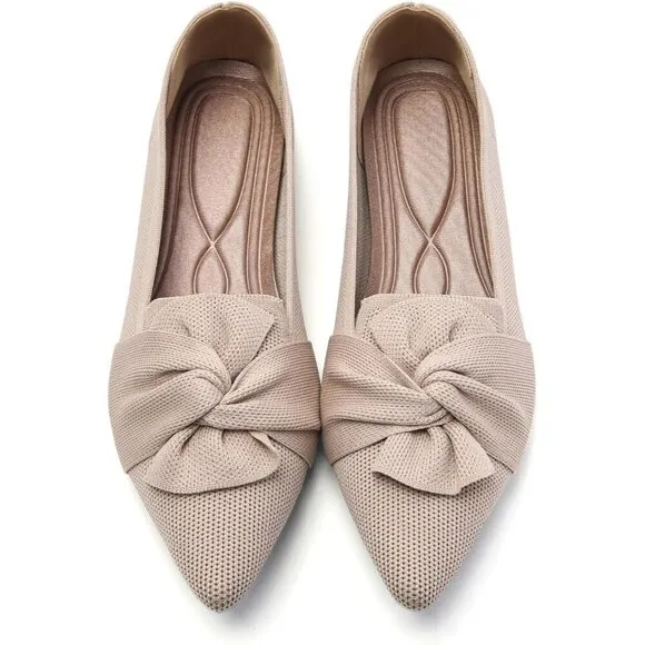 Hiulycence Flat Shoes Women Cream Knit Pointed Toe Ballet Comfortable Shoes