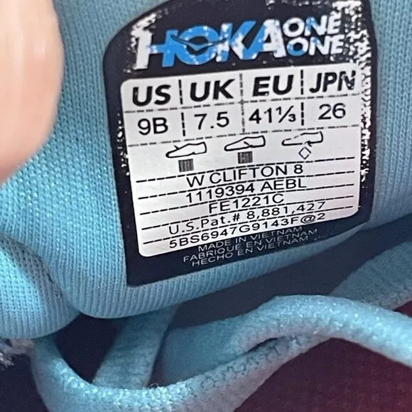 Hoka One One Clifton 8 Women Size 9 Blue Running Shoes Sneakers