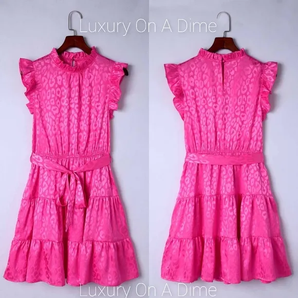 Hot Neon Pink Leopard Tie Belted Waist Tiered Ruffle Sleeveless Mini Dress
