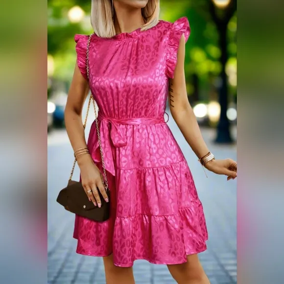 Hot Neon Pink Leopard Tie Belted Waist Tiered Ruffle Sleeveless Mini Dress