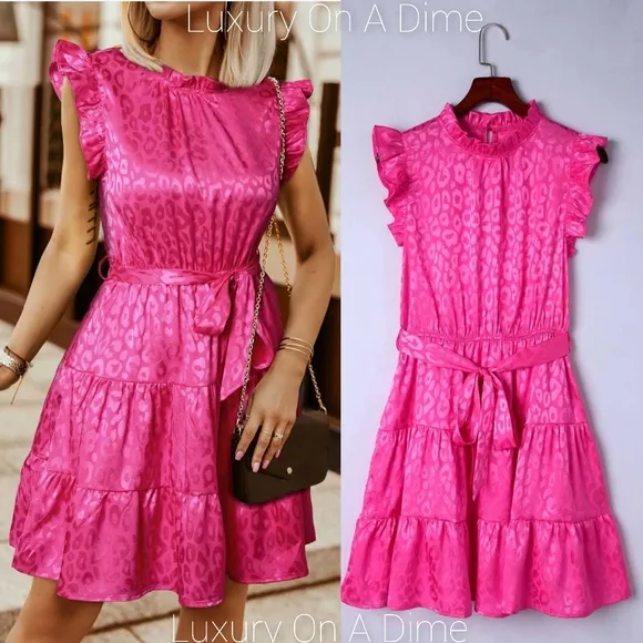 Hot Neon Pink Leopard Tie Belted Waist Tiered Ruffle Sleeveless Mini Dress