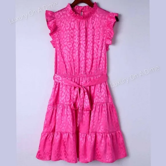 Hot Neon Pink Leopard Tie Belted Waist Tiered Ruffle Sleeveless Mini Dress