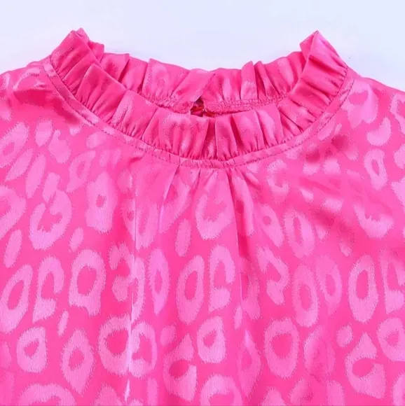 Hot Neon Pink Leopard Tie Belted Waist Tiered Ruffle Sleeveless Mini Dress