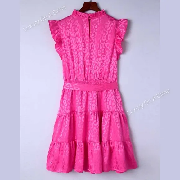 Hot Neon Pink Leopard Tie Belted Waist Tiered Ruffle Sleeveless Mini Dress