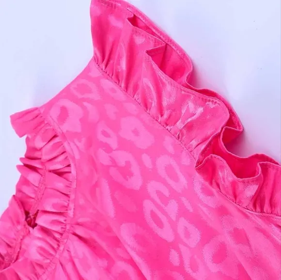 Hot Neon Pink Leopard Tie Belted Waist Tiered Ruffle Sleeveless Mini Dress