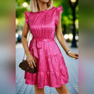 Hot Neon Pink Leopard Tie Belted Waist Tiered Ruffle Sleeveless Mini Dress