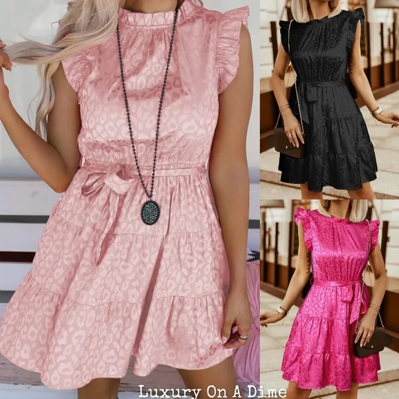 Hot Neon Pink Leopard Tie Belted Waist Tiered Ruffle Sleeveless Mini Dress