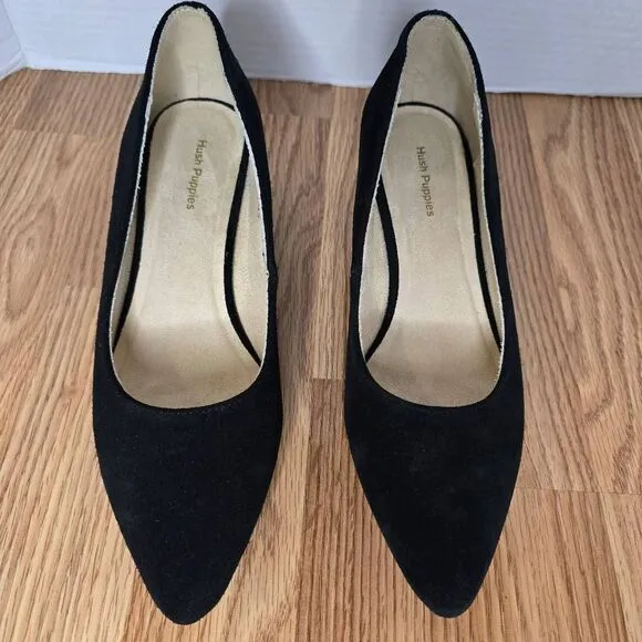 Hush Puppies Sofie Pump Size 7 Black Nubuck Leather Block Heel Slip-On Shoes