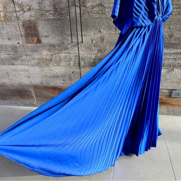 Hutch Cobalt Blue Pleated Gown Cocktail Satin Maxi Dress Flowy Drape Wedding XS