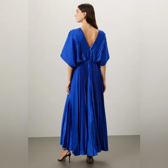 Hutch Cobalt Blue Pleated Gown Cocktail Satin Maxi Dress Flowy Drape Wedding XS
