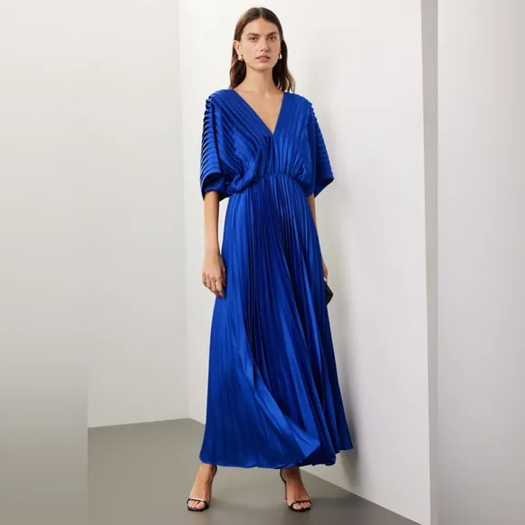 Hutch Cobalt Blue Pleated Gown Cocktail Satin Maxi Dress Flowy Drape Wedding XS