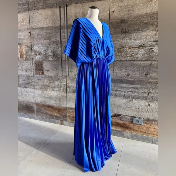 Hutch Cobalt Blue Pleated Gown Cocktail Satin Maxi Dress Flowy Drape Wedding XS