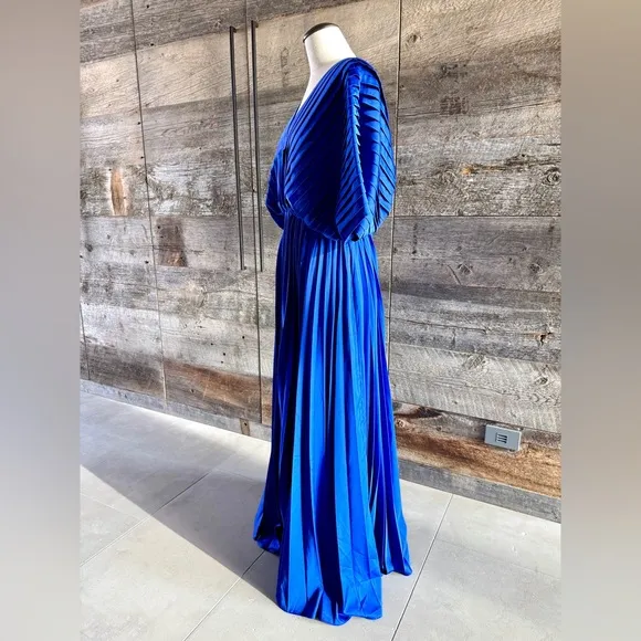 Hutch Cobalt Blue Pleated Gown Cocktail Satin Maxi Dress Flowy Drape Wedding XS