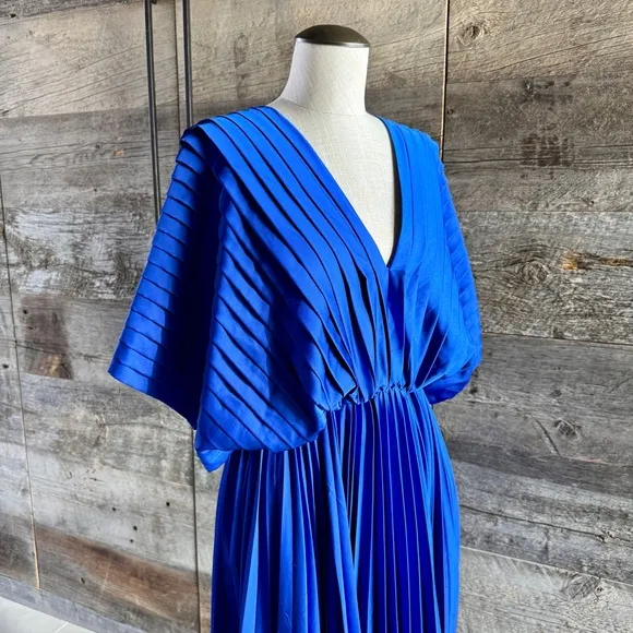 Hutch Cobalt Blue Pleated Gown Cocktail Satin Maxi Dress Flowy Drape Wedding XS