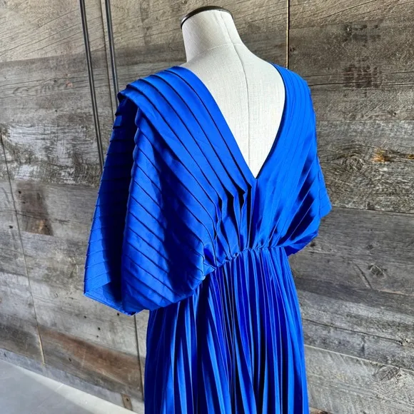 Hutch Cobalt Blue Pleated Gown Cocktail Satin Maxi Dress Flowy Drape Wedding XS