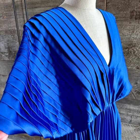 Hutch Cobalt Blue Pleated Gown Cocktail Satin Maxi Dress Flowy Drape Wedding XS