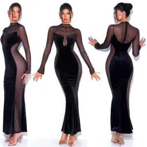 💥INSANELY BEAUTIFUL💥Miss Circle Paislee Black Velvet &amp; Mesh Long Sleeve Gown