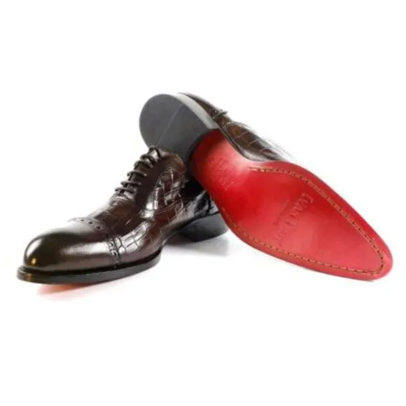 Italian Handmade Men's Leather Shoe / Ali Half Crocodile Printed Brown Calfskin