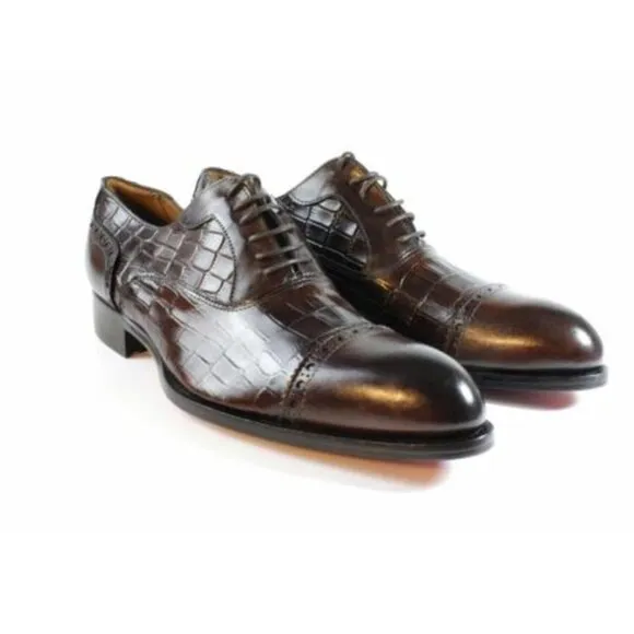 Italian Handmade Men's Leather Shoe / Ali Half Crocodile Printed Brown Calfskin