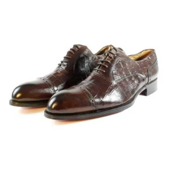Italian Handmade Men's Leather Shoe / Ali Half Crocodile Printed Brown Calfskin