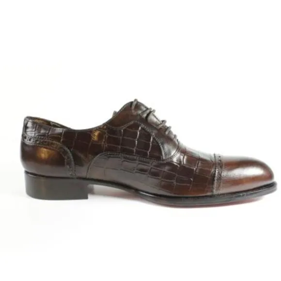 Italian Handmade Men's Leather Shoe / Ali Half Crocodile Printed Brown Calfskin