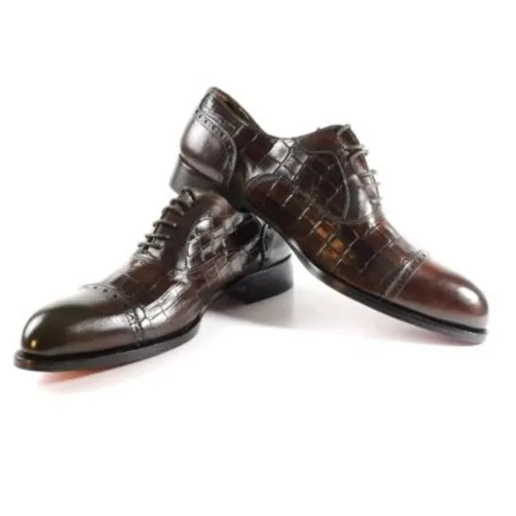 Italian Handmade Men's Leather Shoe / Ali Half Crocodile Printed Brown Calfskin