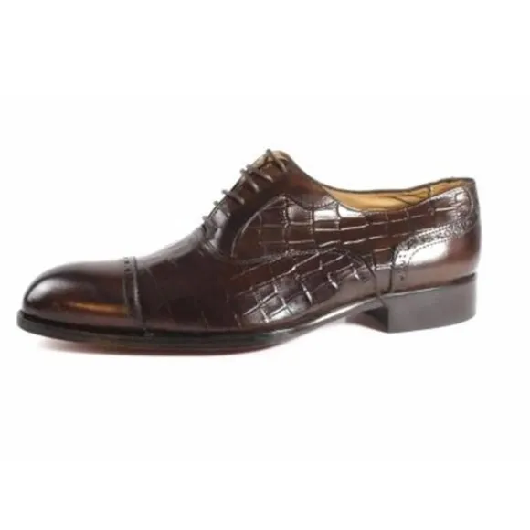 Italian Handmade Men's Leather Shoe / Ali Half Crocodile Printed Brown Calfskin