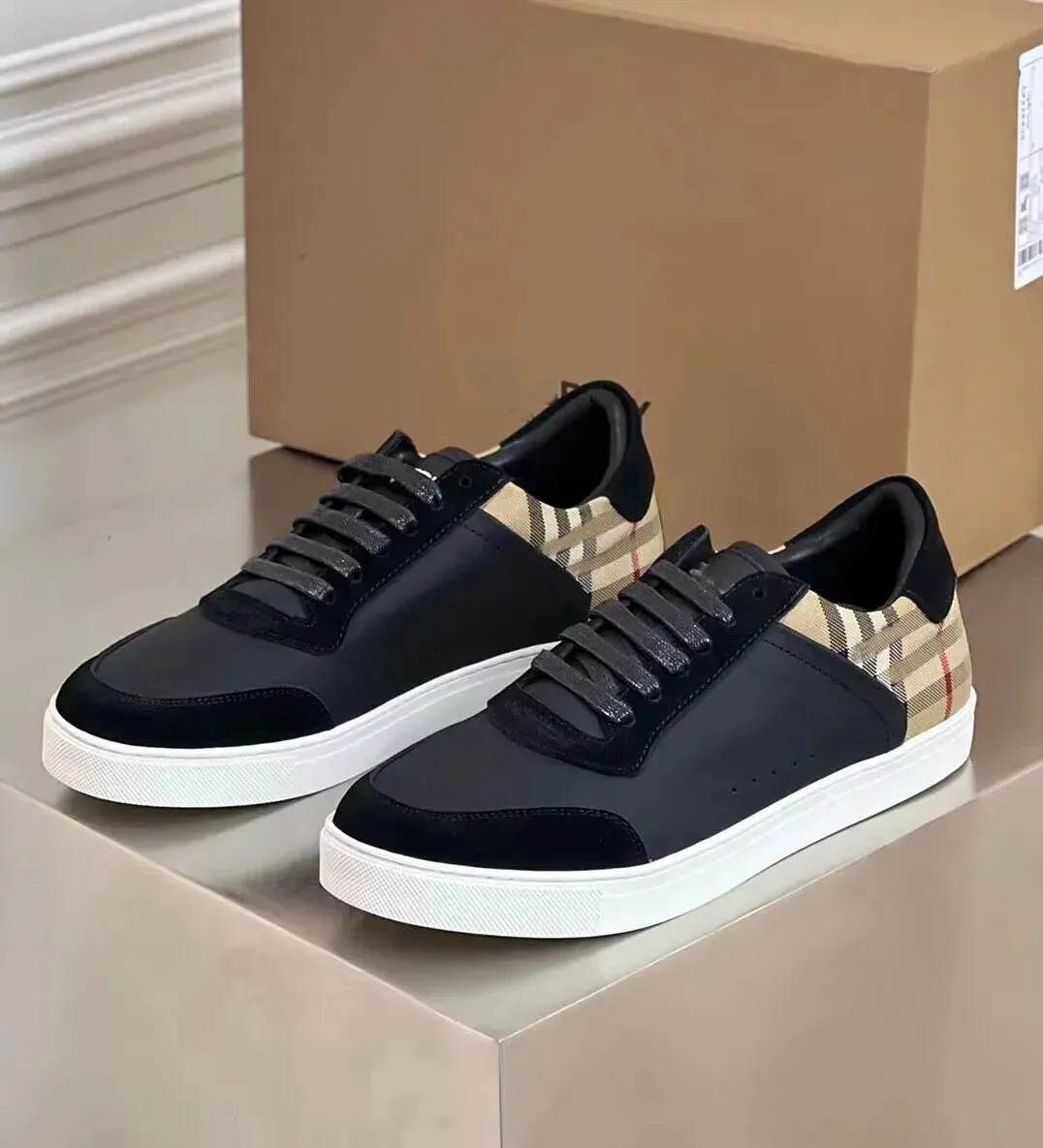 Italy Luxury Check Sneakers Shoes Men Suede Leather Smooth Calfskin Skateboard Cotton Canvas Comfortable Casual Walking Daily Discount Footwear