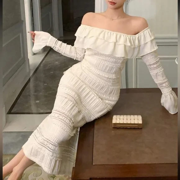 Ivory cream lace bodycon lined midi dress with ruffle off the shoulder detail