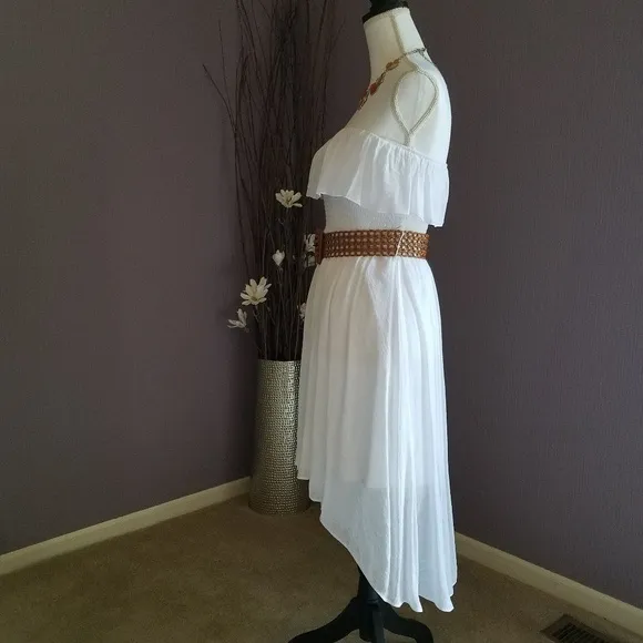 Iz Byer Bright White Strapless Hi Lo Dress with belt