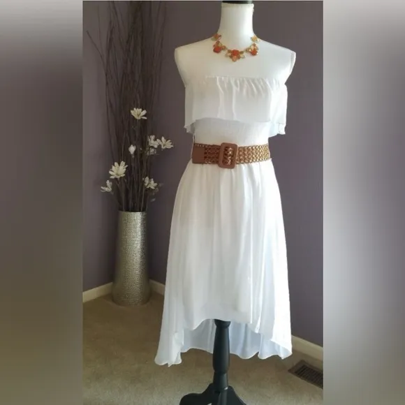 Iz Byer Bright White Strapless Hi Lo Dress with belt