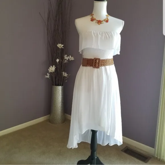 Iz Byer Bright White Strapless Hi Lo Dress with belt