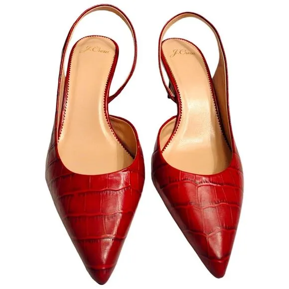 J. Crew Colette D'Orsay Slingback Pumps, Croc Embossed Leather, Deep Red, 9.5 M